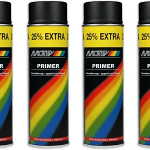 Motip verf primer Grondverf 4 stuks Spuitbus Primer zwart sneldrogend 500 ML voor metaal , hout, aluminium en steen - 25 % EXTRA