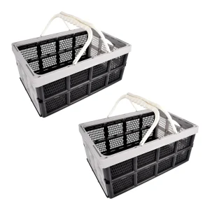 Twee Handige Opvouwbare Plastic Opbergboxen - 40 Liter - Grijs/Zwart - Met Dubbele Zijhandvatten - Afmetingen: 50cm x 34cm x 24cm